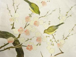 アンティーク　手描き　梅に鶯模様名古屋帯